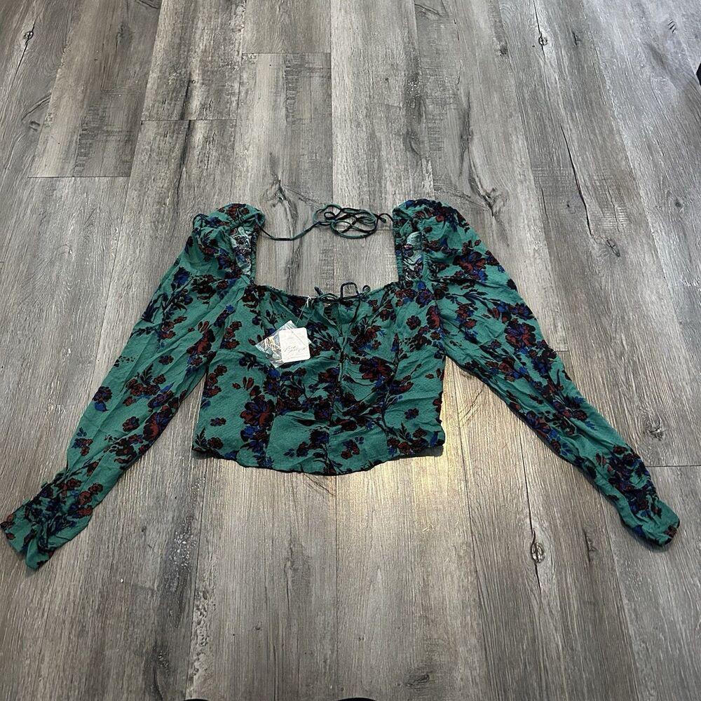 Free People Hilary Printed Top Medium Green Combo Smocked Long Sleeve Blouse